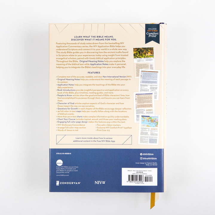Back cover of the NIV Application Bible hardcover, listing its study features including Original Meaning Notes, Application Notes, and full-color maps