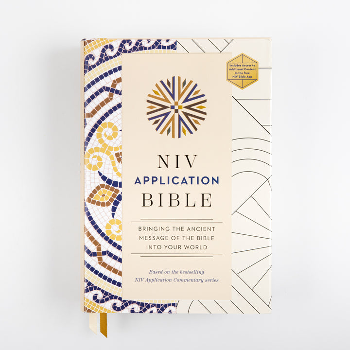 Front cover of the NIV Application Bible hardcover in cream with a blue and gold mosaic border and gold ribbon marker
