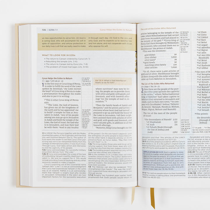 NIV Application Bible open to Ezra 1, showing a &