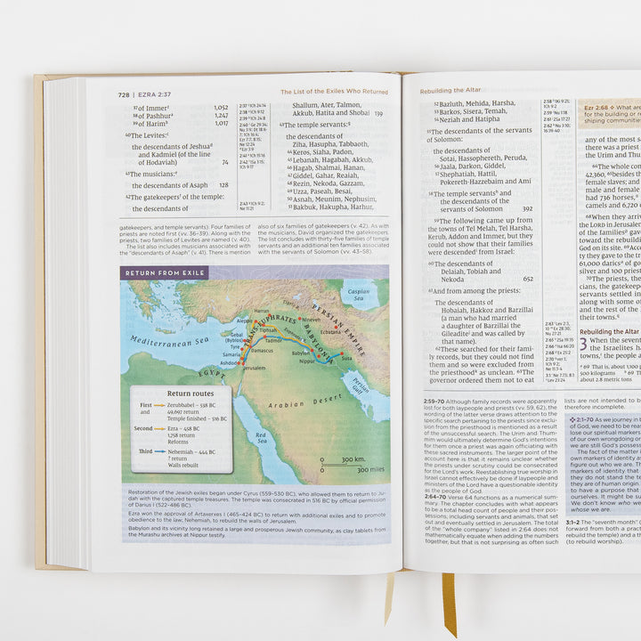 NIV Application Bible open to Ezra 2–3, showing a map of the return from exile with three return routes
