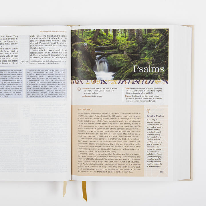 NIV Application Bible open to the introduction to Psalms, showing a forest waterfall photo alongside the book&