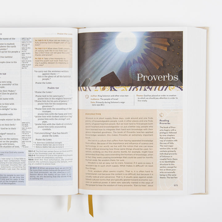 NIV Application Bible open to the introduction to Proverbs, showing an illustrated sunrise graphic alongside the book&