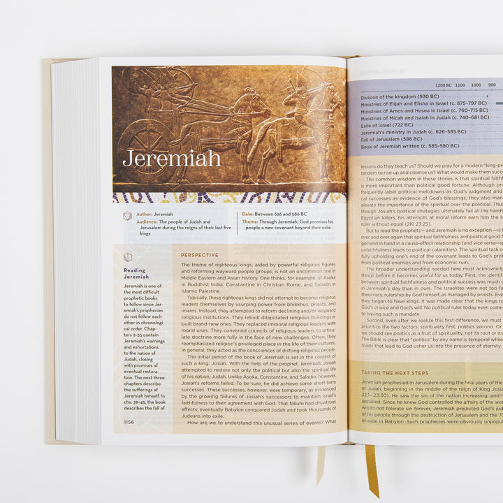 NIV Application Bible open to the introduction to Jeremiah, showing a header image and the book&
