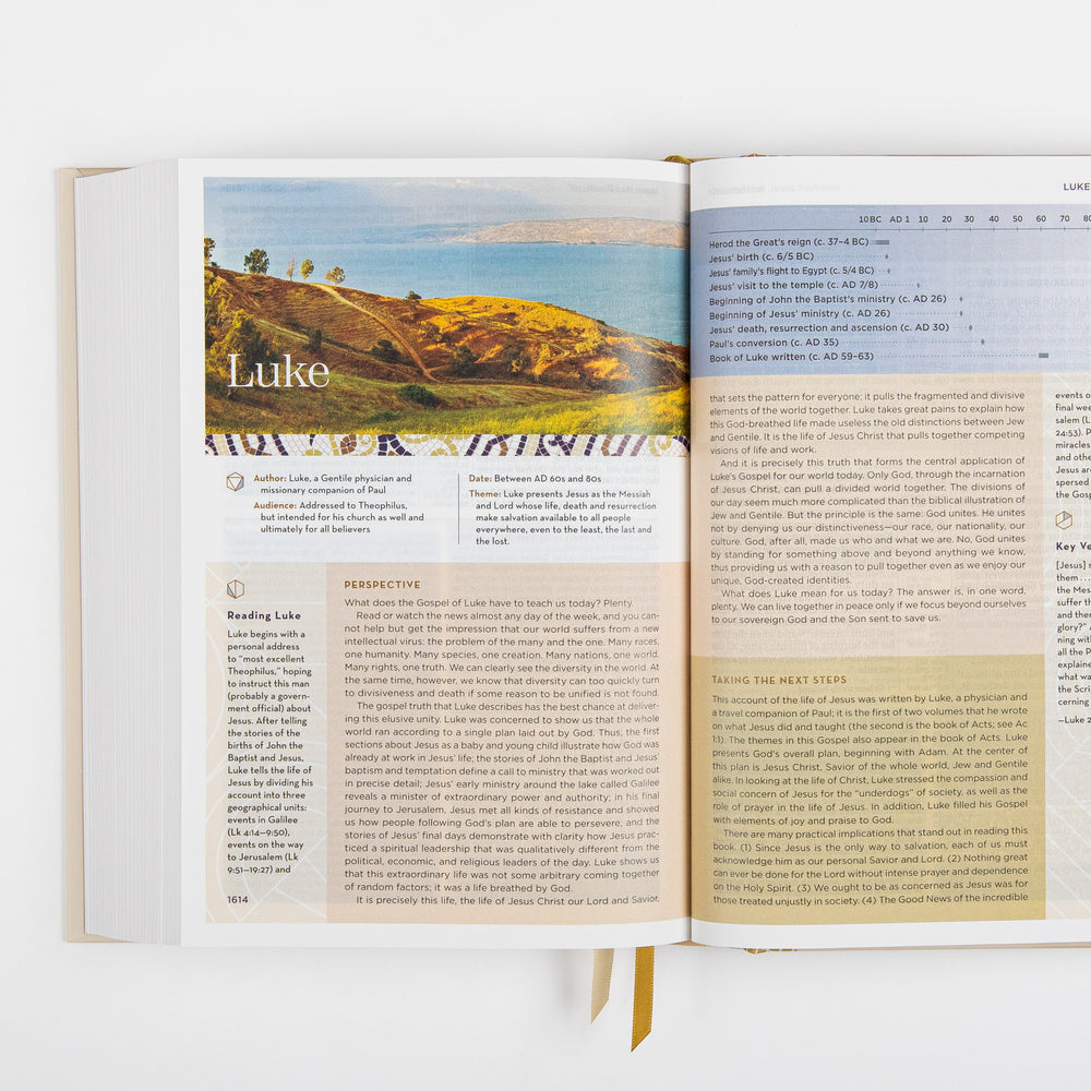 NIV Application Bible open to the introduction to Luke, showing a landscape photo of the Sea of Galilee alongside the book's author, date, and theme