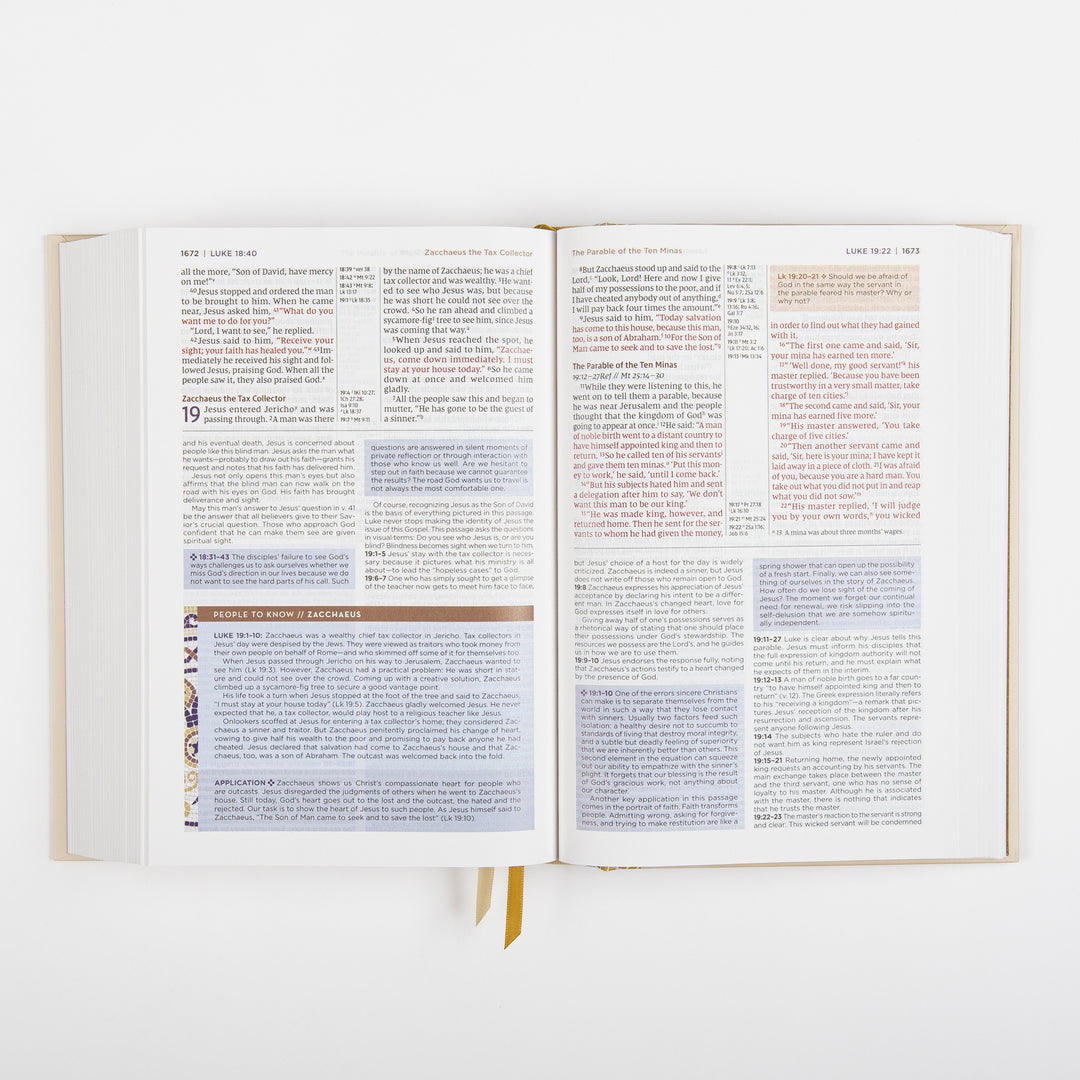 NIV Application Bible open to Luke 19, showing the story of Zacchaeus the tax collector with a &