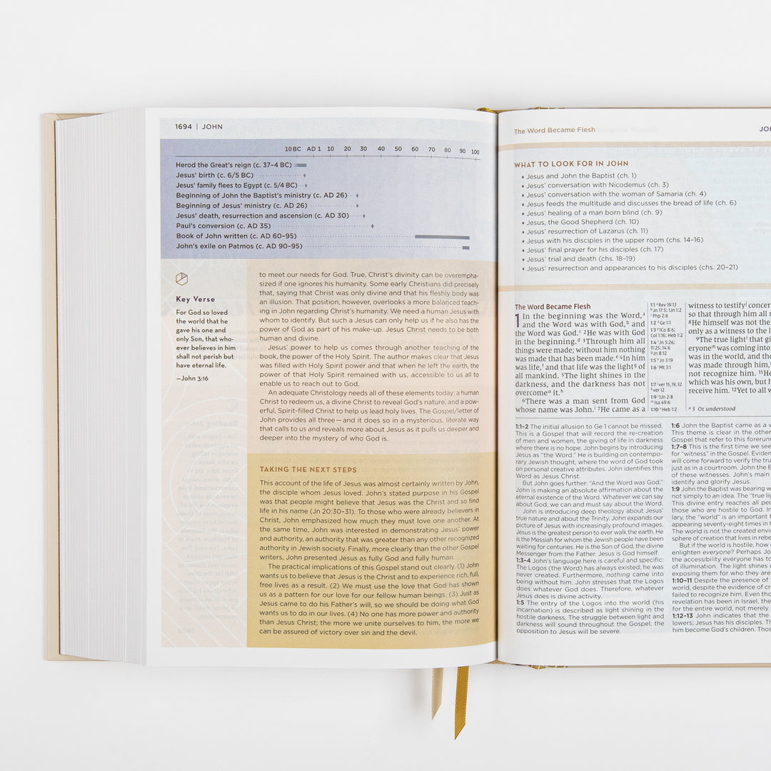 NIV Application Bible open to John 1, showing a timeline of Christ&