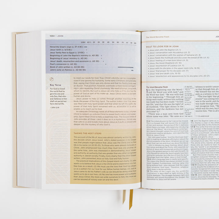 NIV Application Bible open to John 1, showing a timeline of Christ&