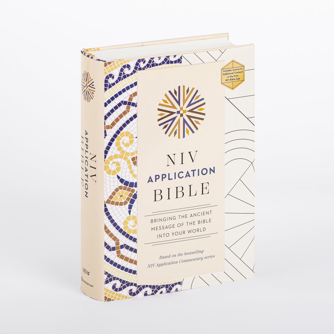 NIV Application Bible, hardcover in cream with a blue and gold mosaic border, shown at a three-quarter angle