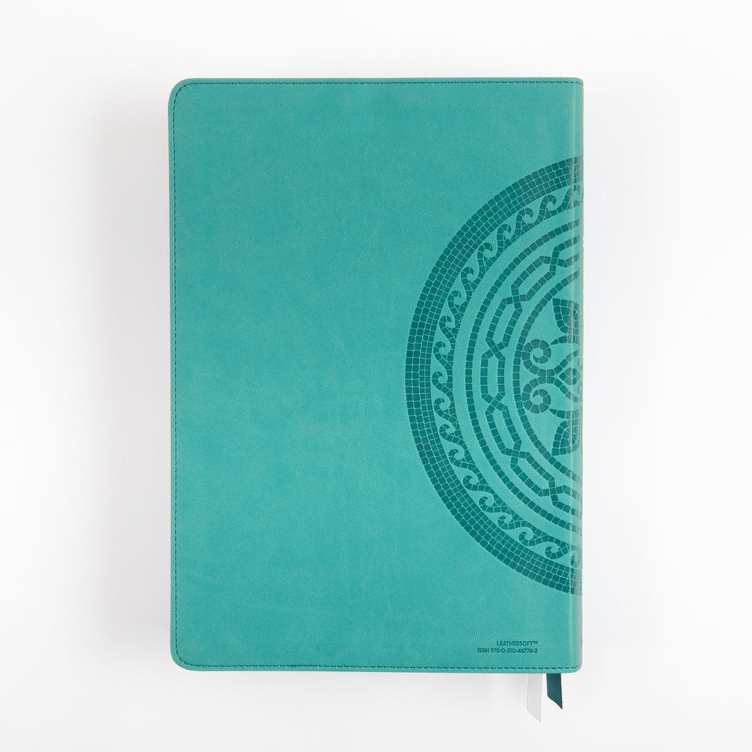 Back cover of the NIV Application Bible Large Print leathersoft edition in teal with a decorative medallion design