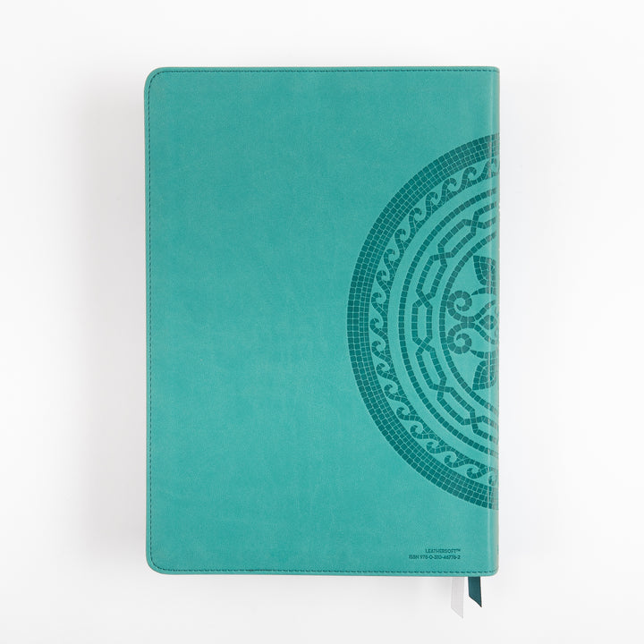 Back cover of the NIV Application Bible Large Print leathersoft edition in teal with a decorative medallion design
