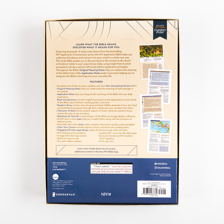 NIV Application Bible Large Print leathersoft edition retail packaging, showing the study features on the back panel including Original Meaning Notes and full-color maps