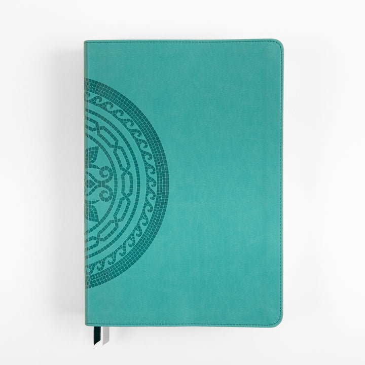 Front cover of the NIV Application Bible Large Print leathersoft edition in teal with a decorative medallion design