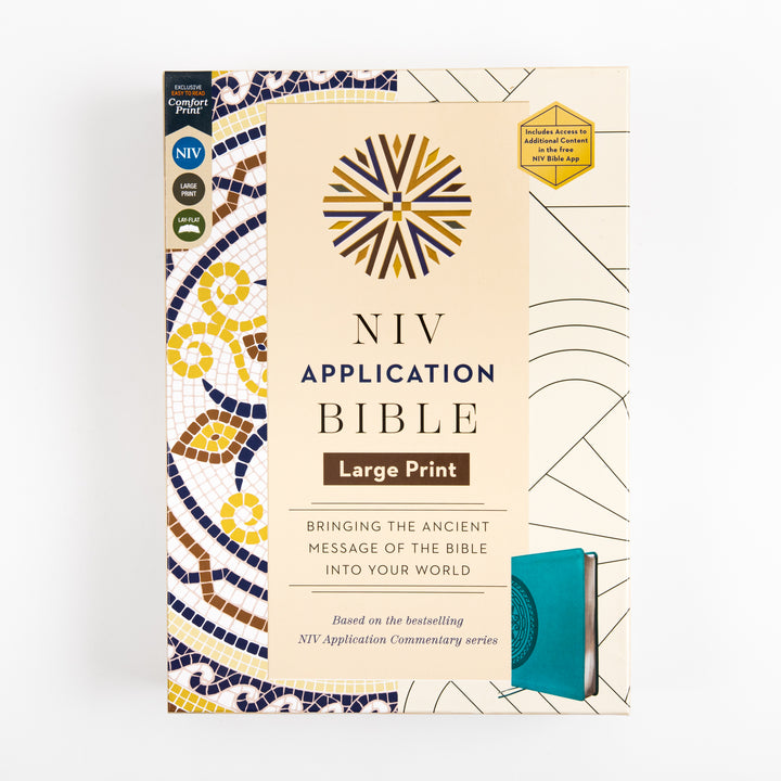 NIV Application Bible Large Print leathersoft edition retail packaging, showing the cream cover art and the teal leathersoft binding