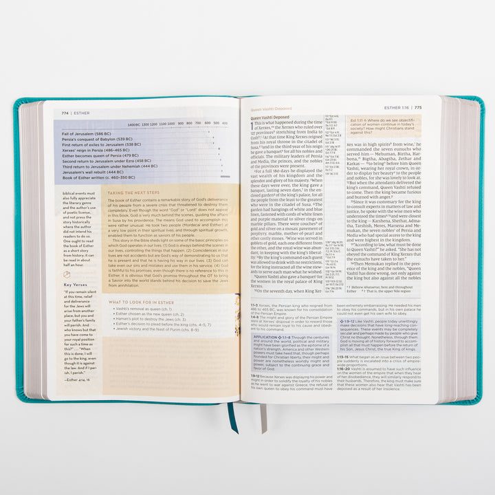 NIV Application Bible, Large Print leathersoft edition, open to Esther 1, showing Key Verses and a &