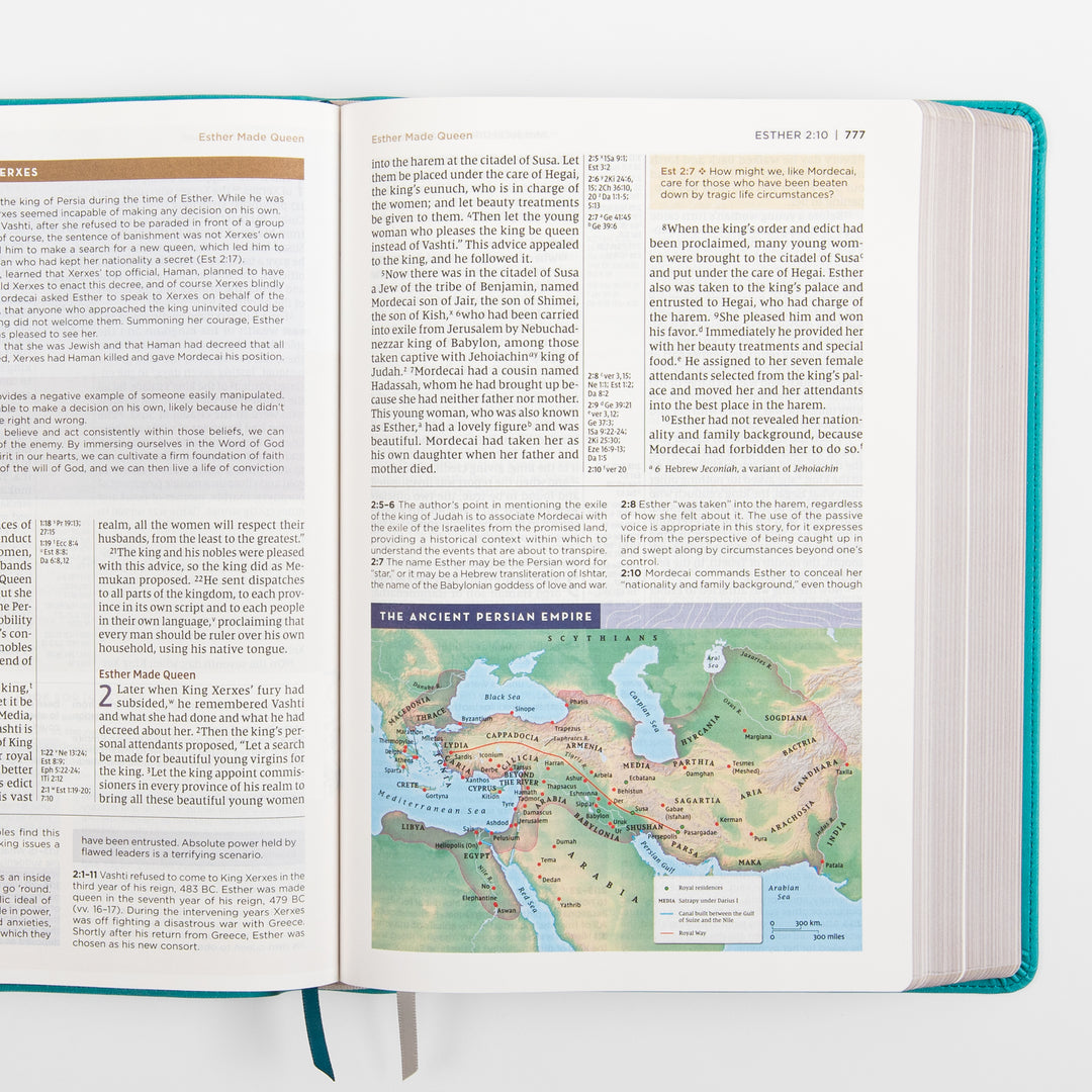 NIV Application Bible, Large Print leathersoft edition, open to Esther 2, showing a map of the ancient Persian Empire
