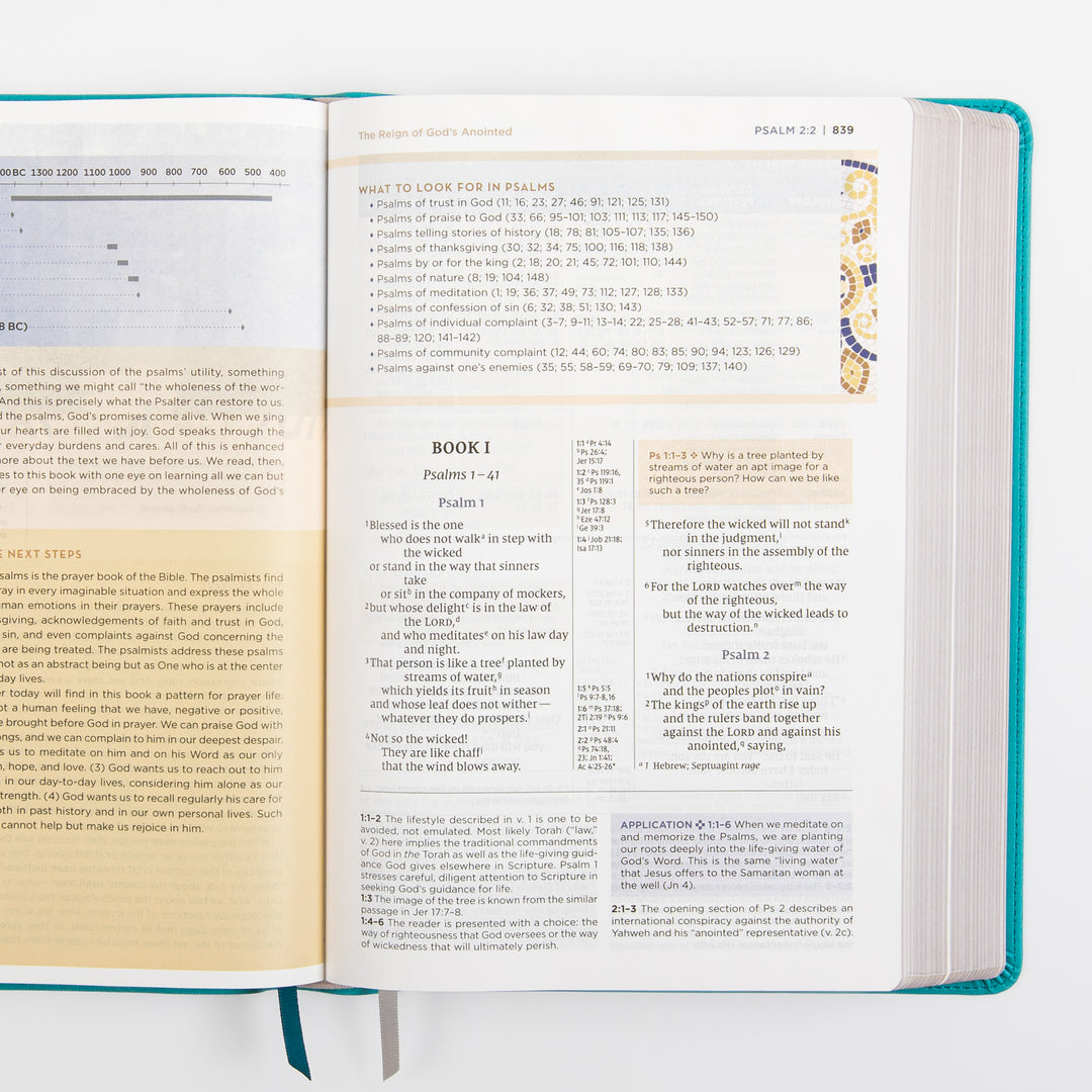 NIV Application Bible, Large Print leathersoft edition, open to Psalms 1–2, showing the Book I heading and a &