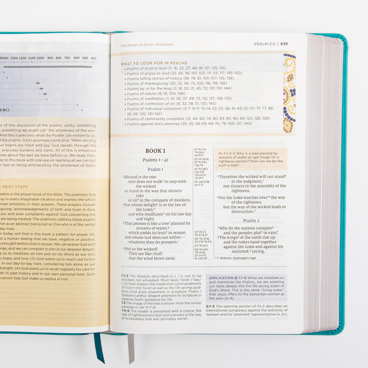 NIV Application Bible, Large Print leathersoft edition, open to Psalms 1–2, showing the Book I heading and a &