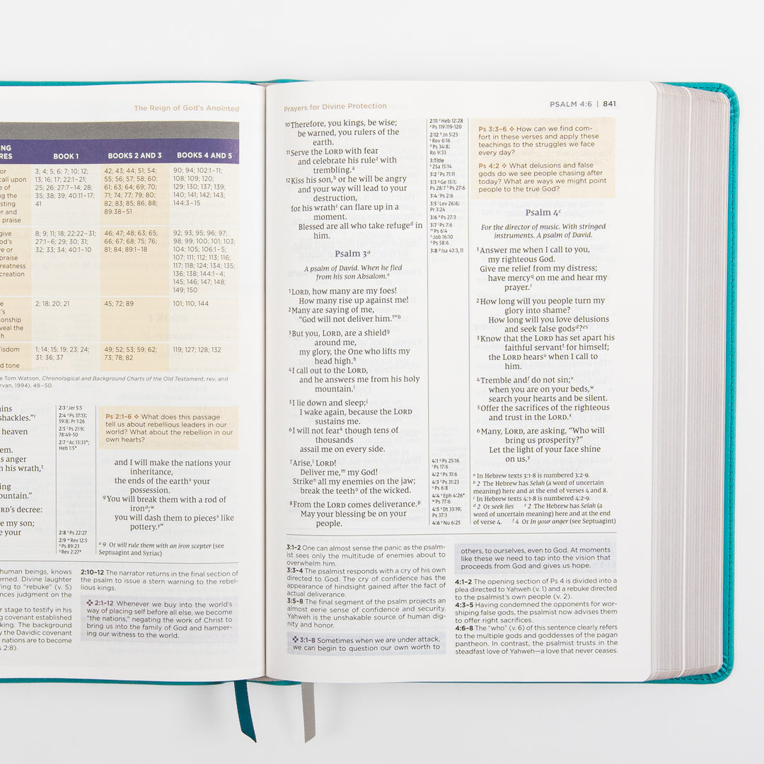 NIV Application Bible, Large Print leathersoft edition, open to Psalm 3–4, showing a chart classifying the Psalms by category across the five books