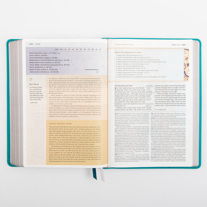 NIV Application Bible, Large Print leathersoft edition, open to John 1, showing a timeline of Christ&