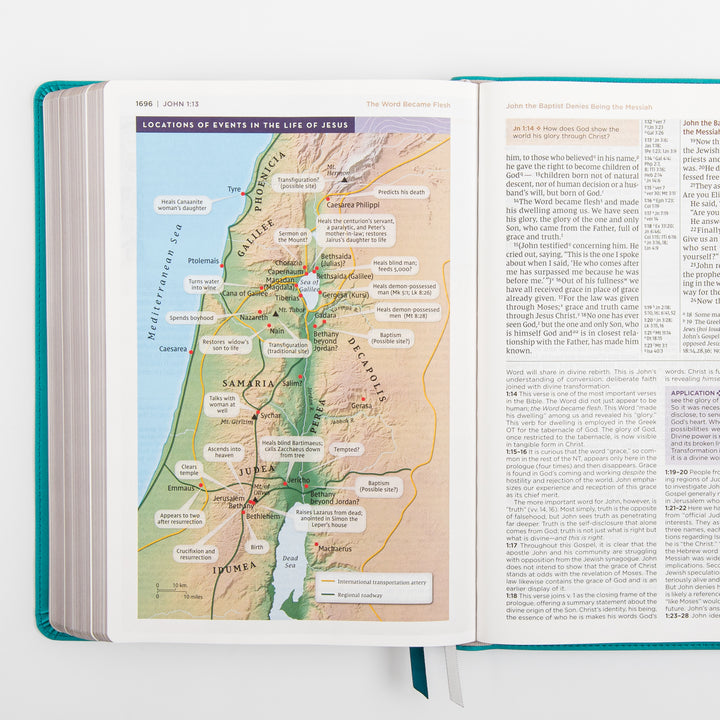 NIV Application Bible, Large Print leathersoft edition, open to John 1, showing a map of the locations of events in the life of Jesus