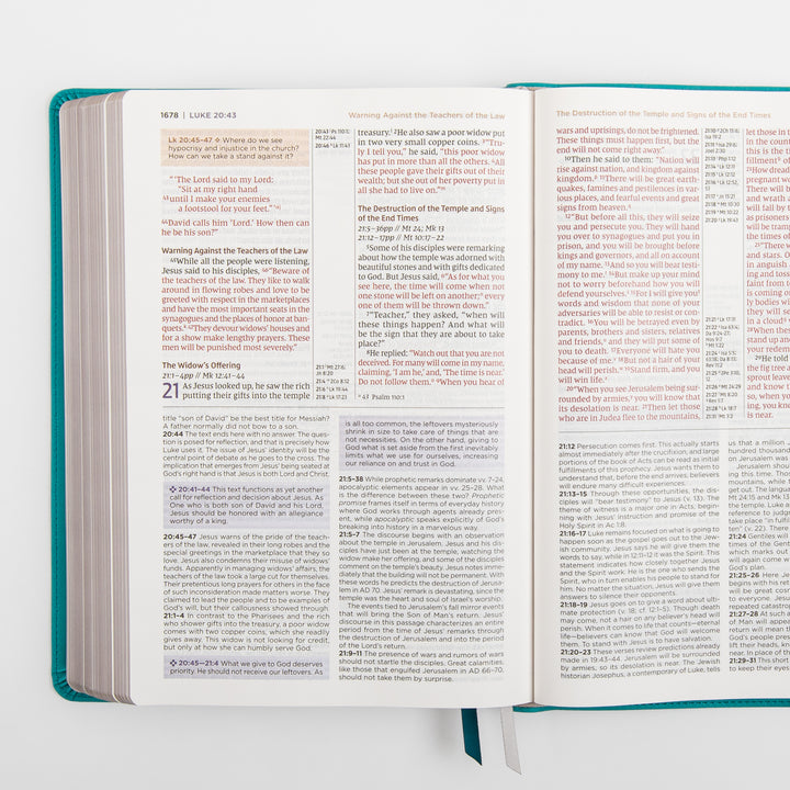 NIV Application Bible, Large Print leathersoft edition, open to Luke 20–21, showing the widow&
