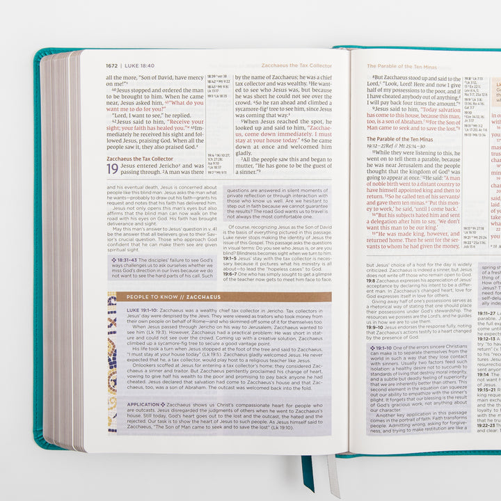NIV Application Bible, Large Print leathersoft edition, open to Luke 18–19, showing the story of Zacchaeus the tax collector with a &