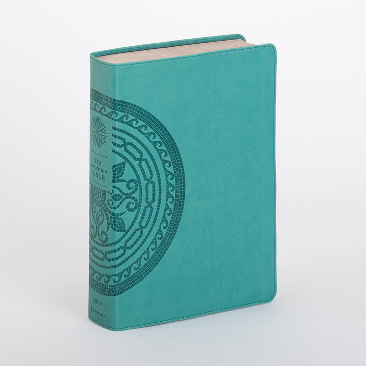 NIV Application Bible, Large Print, leathersoft cover in teal with a decorative medallion design, shown at a three-quarter angle