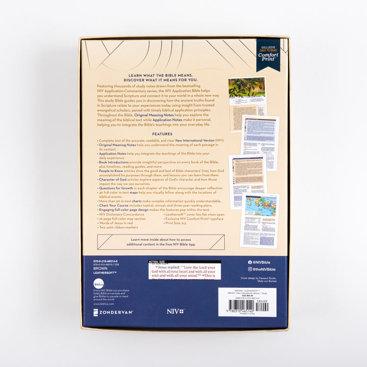 NIV Application Bible leathersoft edition retail packaging, showing the study features on the back panel including Original Meaning Notes and full-color maps