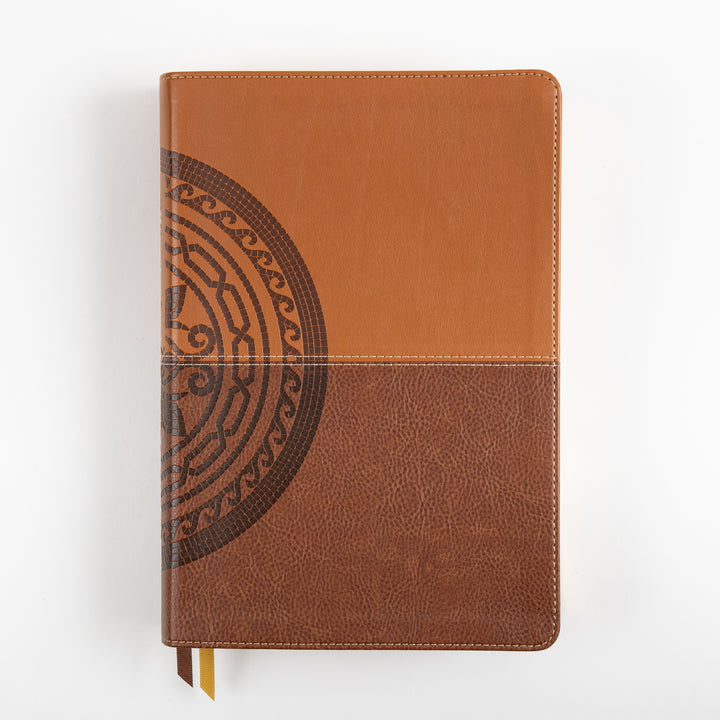 Front cover of the NIV Application Bible leathersoft edition in two-tone brown with a decorative medallion design and ribbon markers
