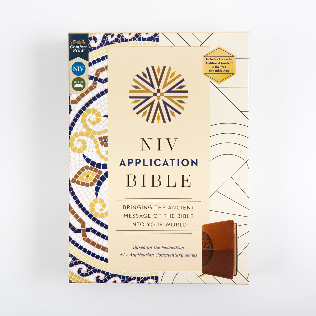 NIV Application Bible leathersoft edition retail packaging, showing the cream cover art and the brown leathersoft binding