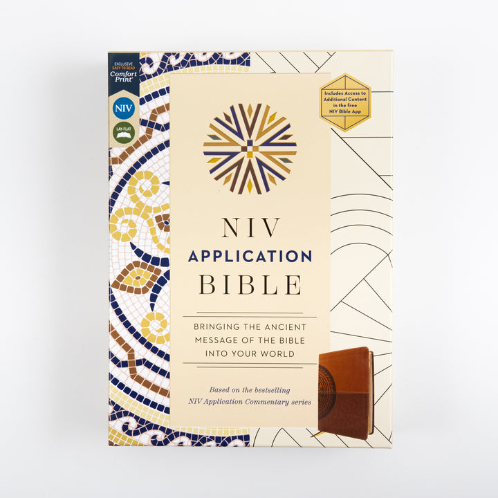 NIV Application Bible leathersoft edition retail packaging, showing the cream cover art and the brown leathersoft binding