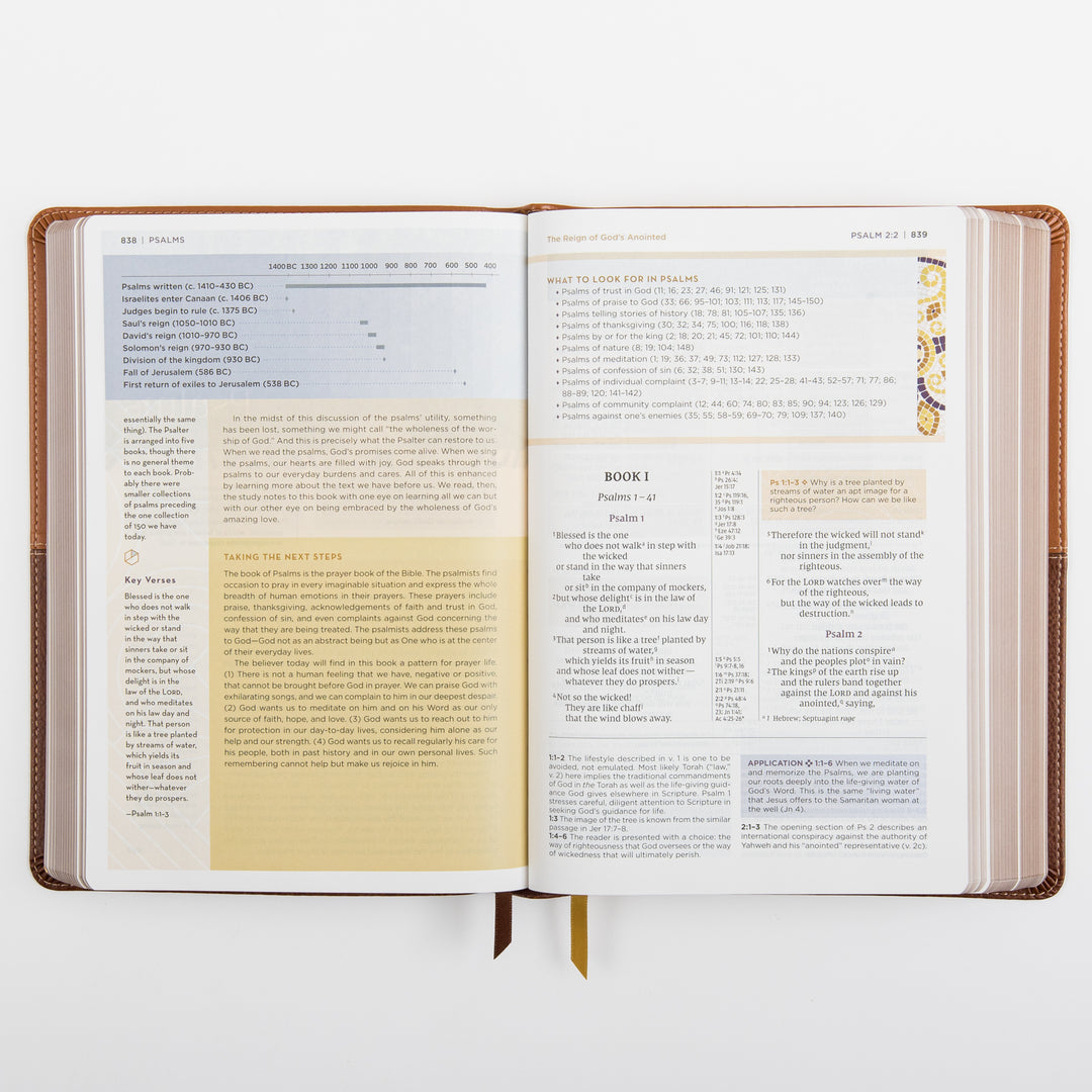 NIV Application Bible, leathersoft edition, open to Psalms 1–2, showing the Book I heading and a &