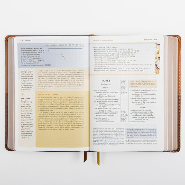 NIV Application Bible, leathersoft edition, open to Psalms 1–2, showing the Book I heading and a &