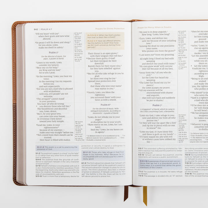 NIV Application Bible, leathersoft edition, open to Psalm 5–7, showing study notes on prayers for divine protection and mercy