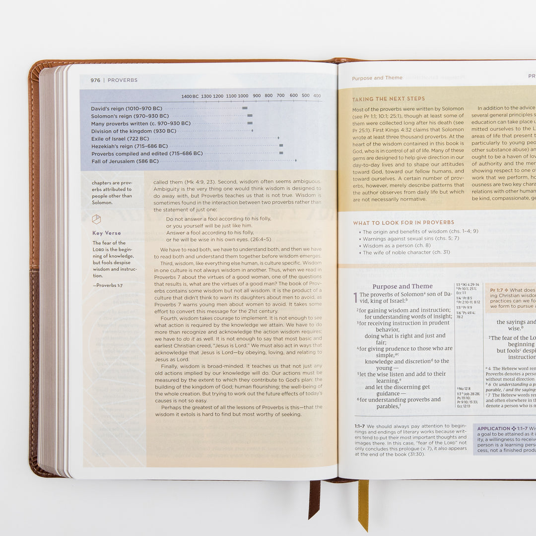 NIV Application Bible, leathersoft edition, open to Proverbs 1, showing a &