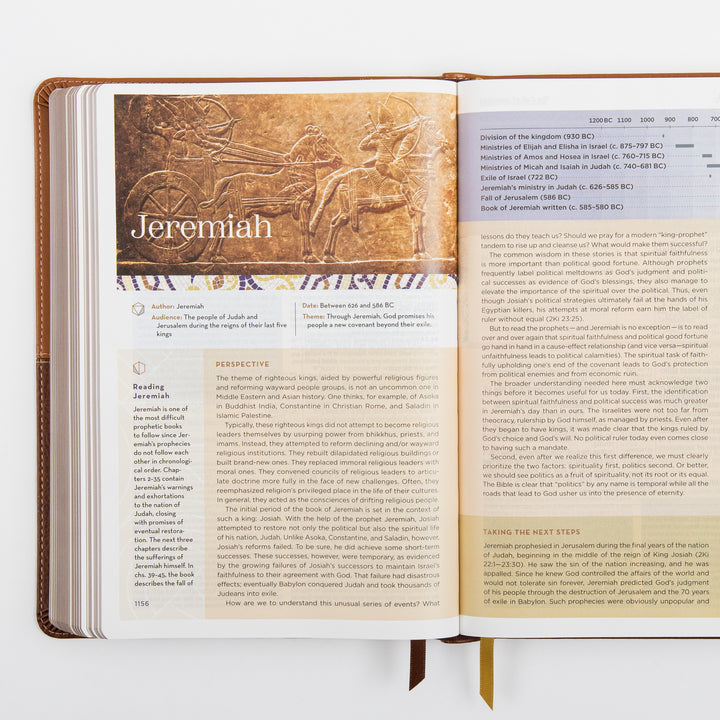 NIV Application Bible, leathersoft edition, open to the introduction to Jeremiah, showing a header image and the book&