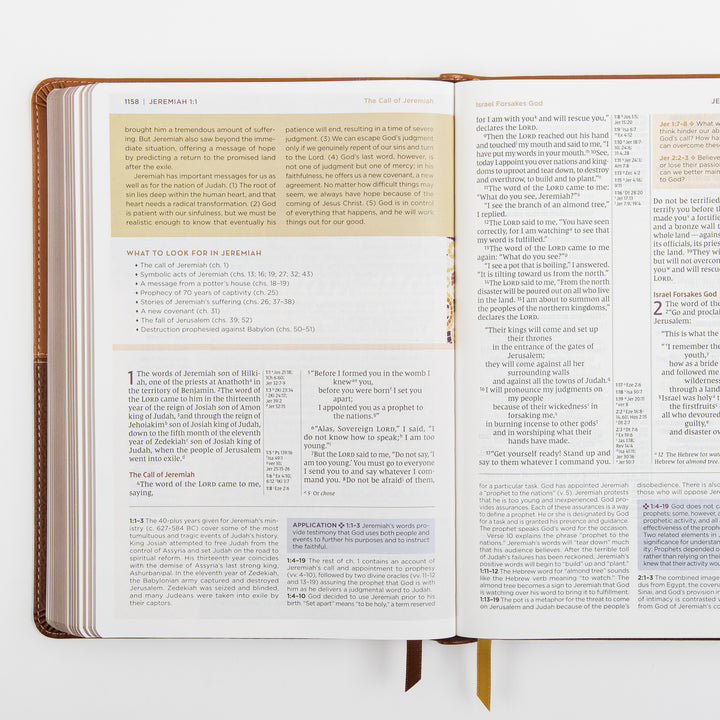 NIV Application Bible, leathersoft edition, open to Jeremiah 1–2, showing a &
