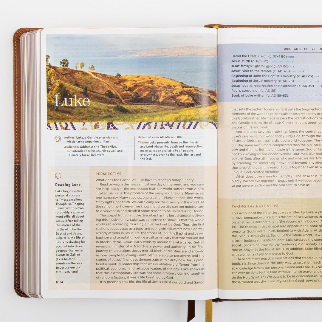 NIV Application Bible, leathersoft edition, open to the introduction to Luke, showing a landscape photo of the Sea of Galilee alongside the book&