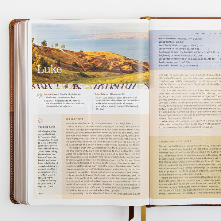 NIV Application Bible, leathersoft edition, open to the introduction to Luke, showing a landscape photo of the Sea of Galilee alongside the book&