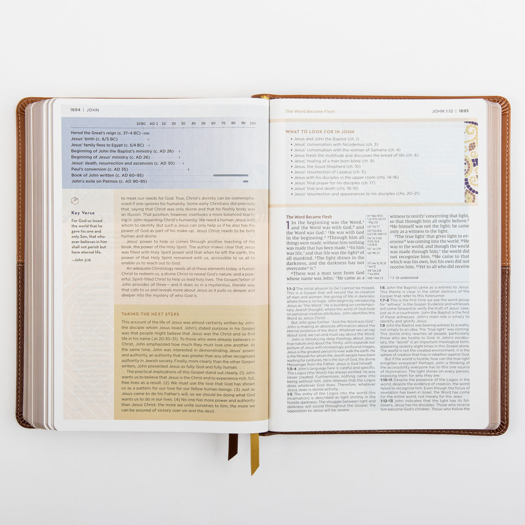 NIV Application Bible, leathersoft edition, open to John 1, showing a timeline of Christ&