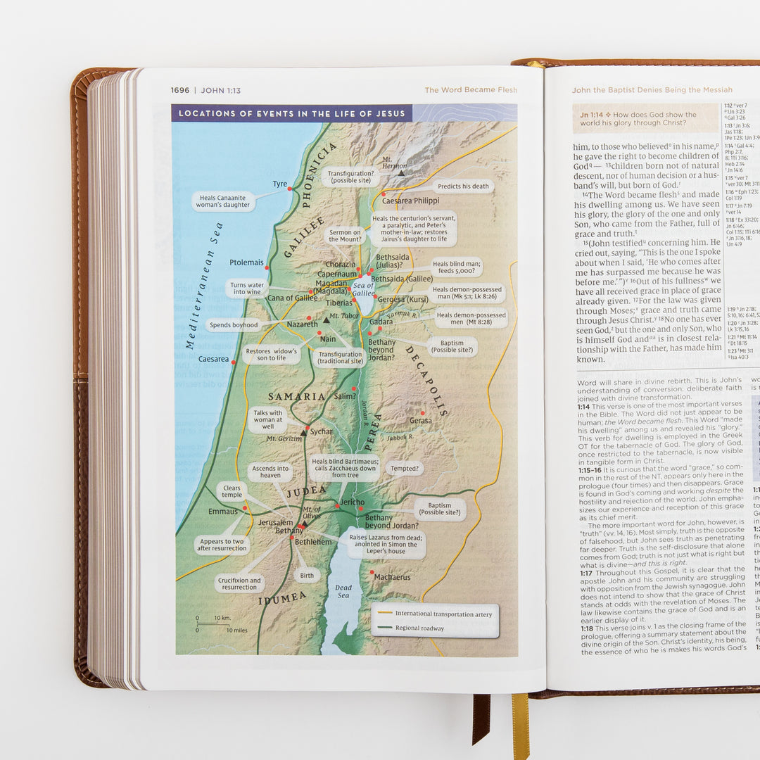 NIV Application Bible, leathersoft edition, open to John 1, showing a map of the locations of events in the life of Jesus