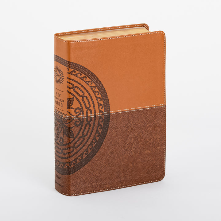 NIV Application Bible, leathersoft cover in two-tone brown with a decorative medallion design, shown at a three-quarter angle