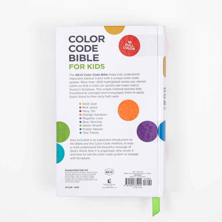 Back cover of the NKJV Color Code Bible for Kids featuring a red In Full Color badge and descriptive text explaining the color-code system with a legend: Gold for God, Red for Jesus, Navy for Sin, Orange for Salvation, Magenta for Love, Blue for Worship, Green for Growth, Purple for Heaven, and Teal for Family.