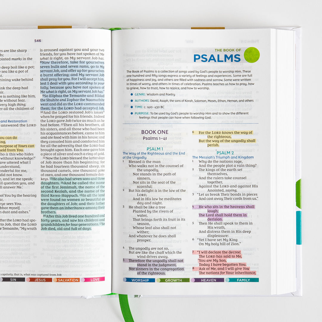 Open Bible spread showing the end of Job and the introduction and opening chapters of Psalms, with an overview box listing genre, authors, time, and purpose, and verses highlighted in yellow, pink, purple, and blue.