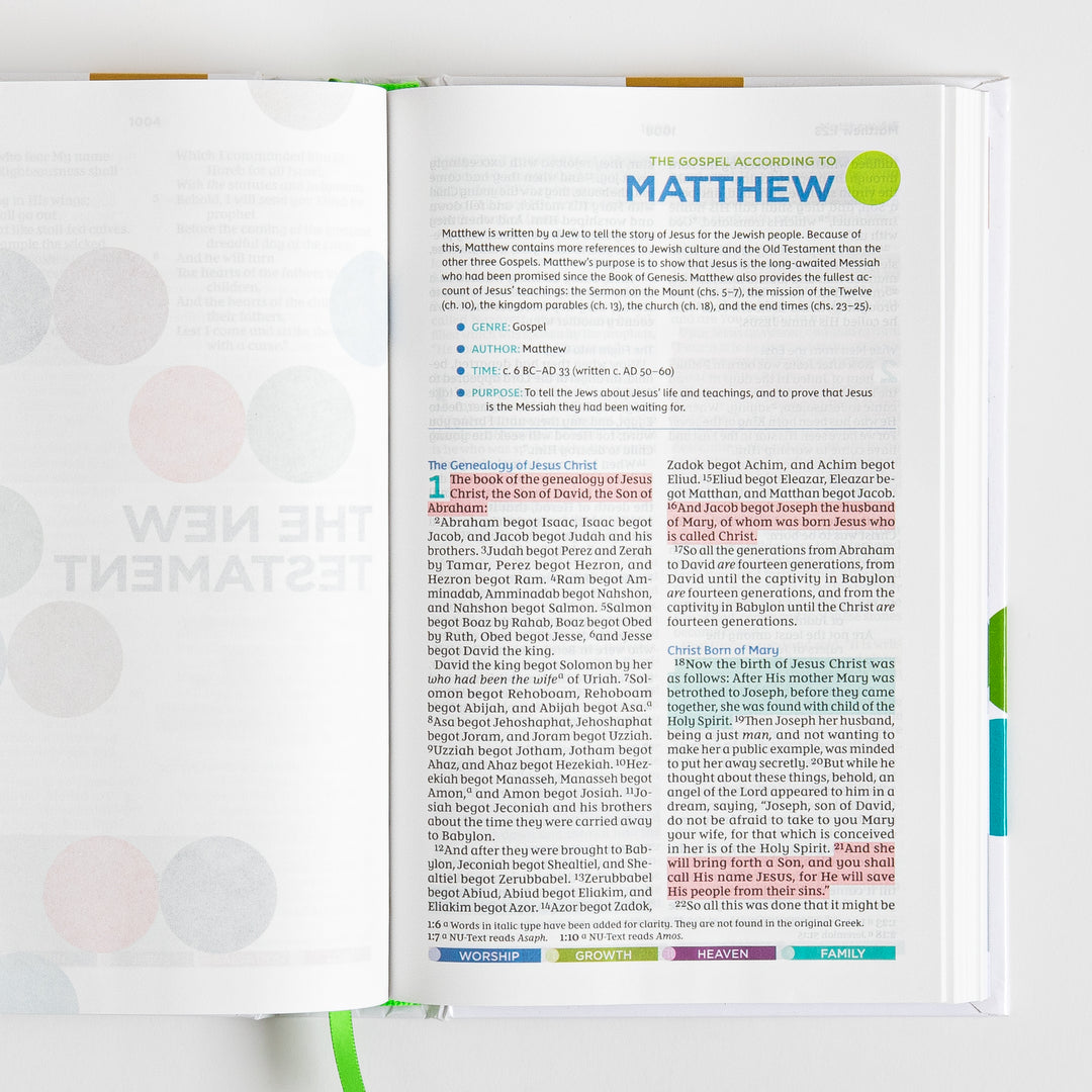 Open Bible spread showing a New Testament divider page ghosted through from the facing side and the introduction and genealogy chapter opening the Gospel of Matthew, with red and orange highlighted verses.