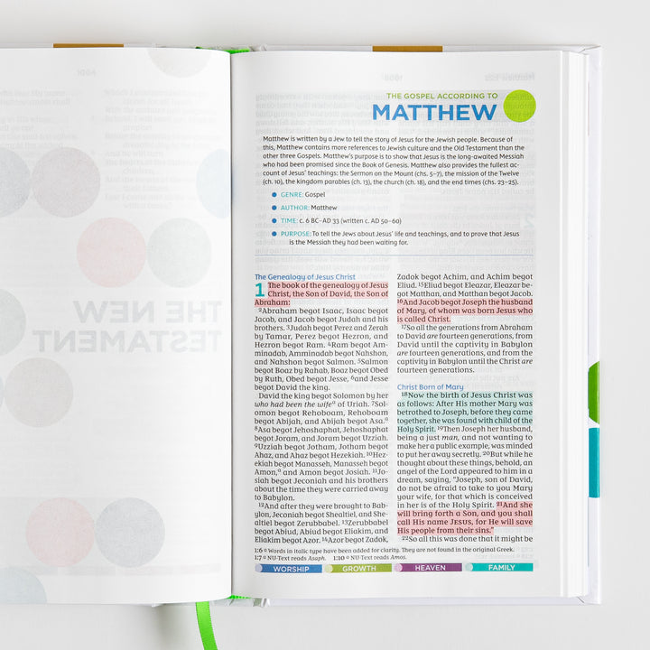 Open Bible spread showing a New Testament divider page ghosted through from the facing side and the introduction and genealogy chapter opening the Gospel of Matthew, with red and orange highlighted verses.