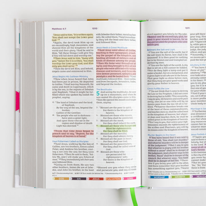 Open Bible spread showing Matthew chapter 4 verses about Jesus healing a great multitude and the Beatitudes at the start of Matthew chapter 5, with highlighted verses and color-key tabs along the bottom.