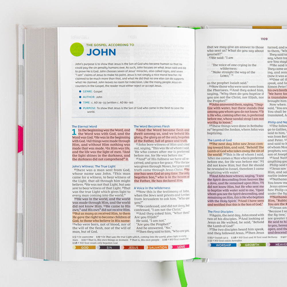 Open Bible spread showing the introduction to the Gospel of John and the start of John chapter 1, with verses highlighted in color-coded pink, blue, and tan, and color-key tabs for Worship, Growth, Heaven, and Family along the bottom.