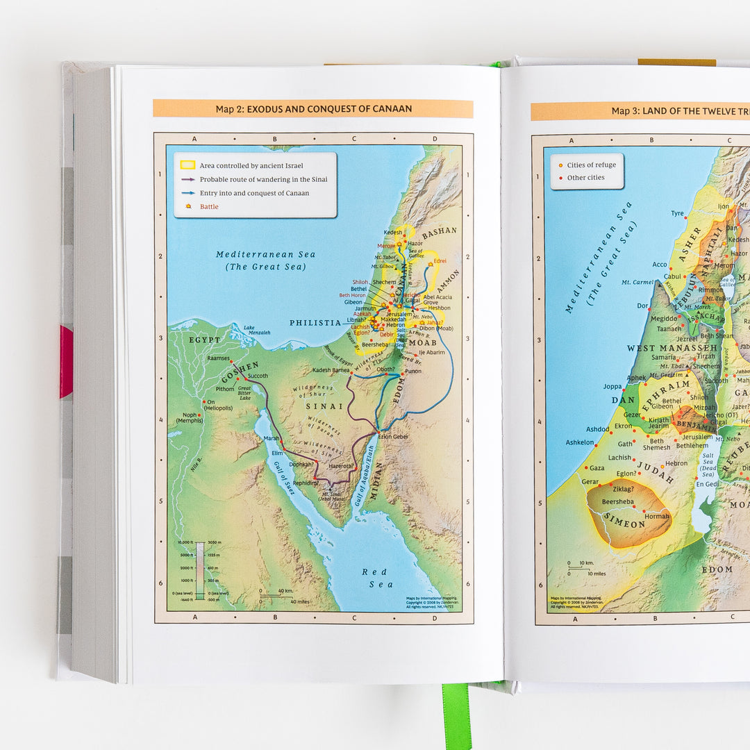 Open Bible spread showing two color maps: Map 2, Exodus and Conquest of Canaan, tracing the route through Sinai and Canaan, and Map 3, Land of the Twelve Tribes, showing Israel&