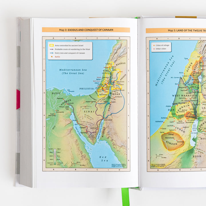 Open Bible spread showing two color maps: Map 2, Exodus and Conquest of Canaan, tracing the route through Sinai and Canaan, and Map 3, Land of the Twelve Tribes, showing Israel&